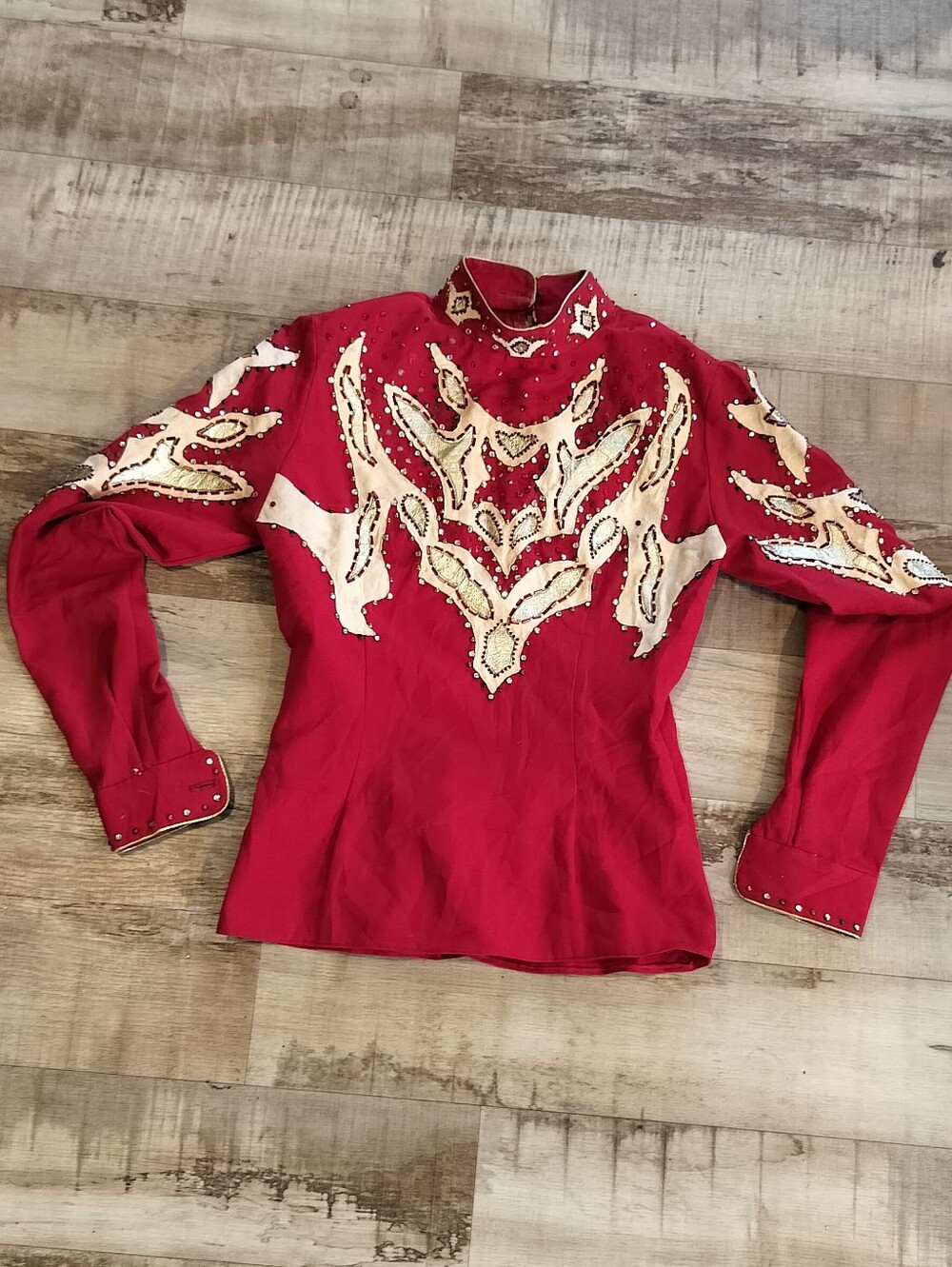 Red Embellished Long Sleeve Show Top with Cream Appliqué